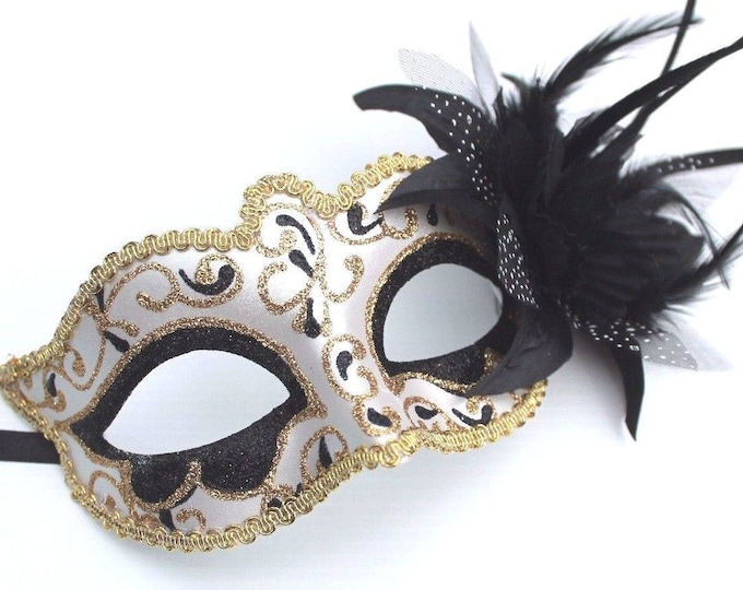 Black and Gold Swirl Venetian Masquerade Party Ball Eye Mask with Flower & Feathers