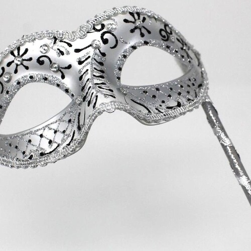 Black and Silver Masquerade Mask on a Silver Stick Etsy UK