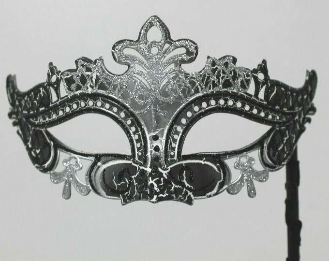 Black and Silver Rialto Masquerade Mask on a Black Stick