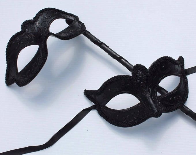Stunning Black His and Hers Couples Masquerade Masks on a Black Stick
