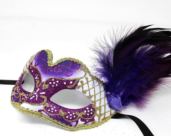 Purple and Gold Masquerade Mask with Side Feather