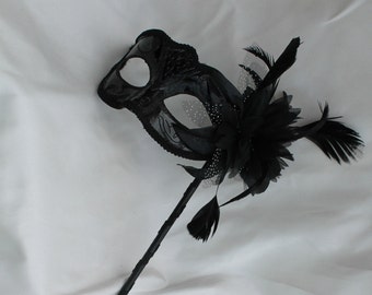 Black Gloss Mask on Stick with Flower Detail