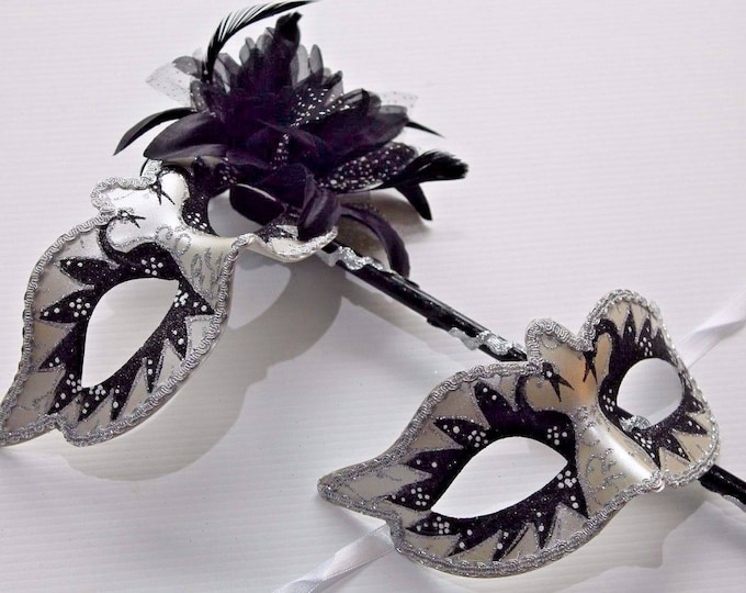 Stunning Black and White His and Hers Couples Masquerade Masks on a Black Stick with Black and White Flower