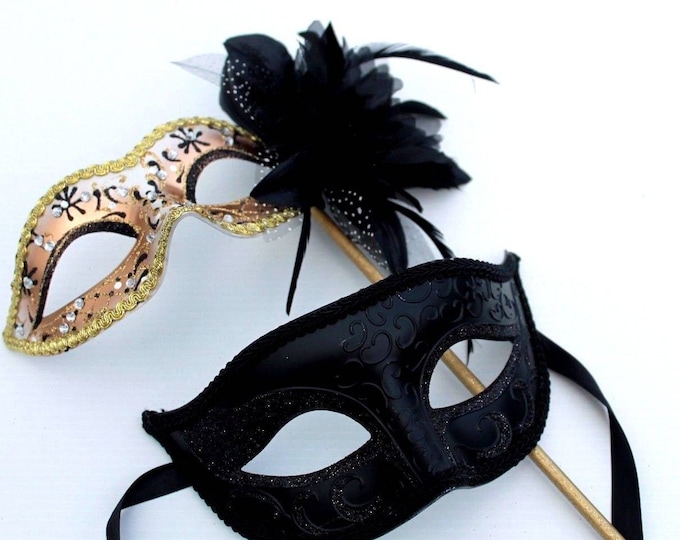 Pretty Black and Gold Pair of Couples His and Hers Masquerade Masks with Flower Detail