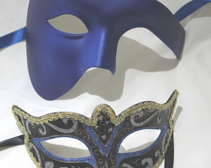 Blue and Gold Phantom Pair of Male and Female Masquerade Masks