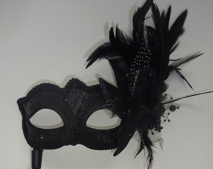 Black Masquerade Mask with Flower for Masked Ball Carnival Party Halloween Hand Held on an Elaborate Stick