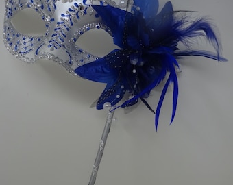 Blue and Silver Jewelled Party Masquerade Wedding Bridal ball Eye Mask on Stick with Flower and Feathers