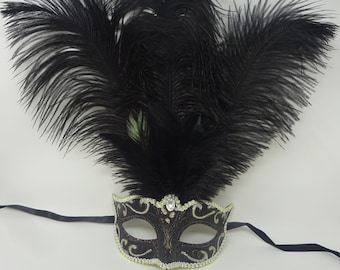 Ladies Black Bronze Silver Gold Masquerade Carnival Mask with Long Feathers and Centre Jewel