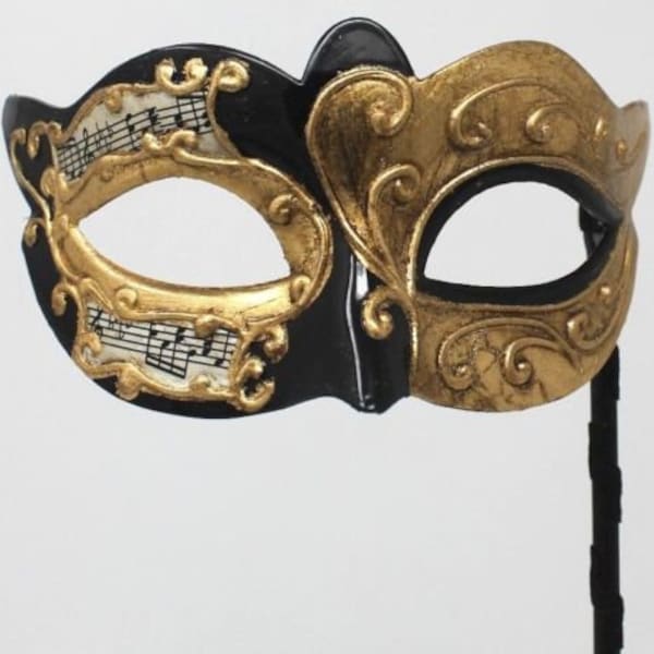 Gold and Black Musical Masquerade Mask for Masked Ball on Stick with Musical Script Notes