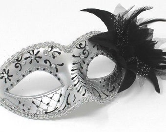 White & Black Sparkling Masquerade Mask with Flower