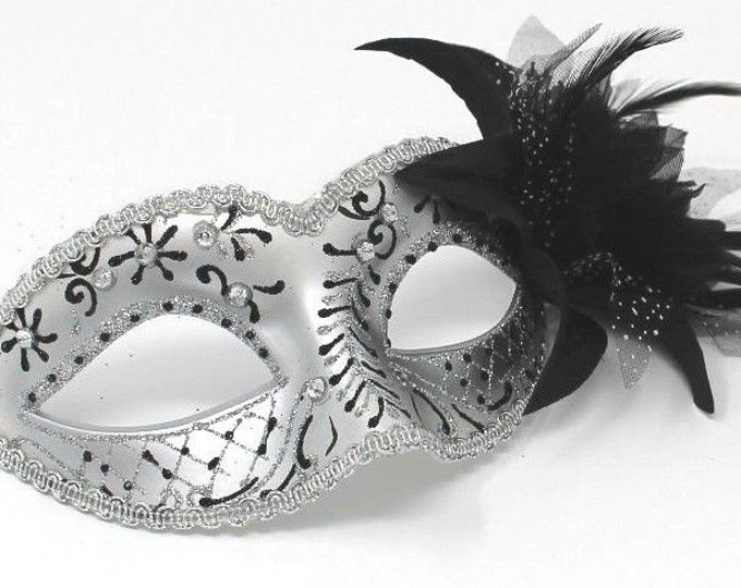 White & Black Sparkling Masquerade Mask with Flower