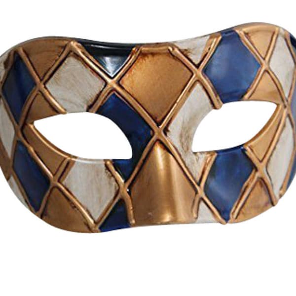 Masque de mascarade arlequin bleu et antique en or pour bal masqué