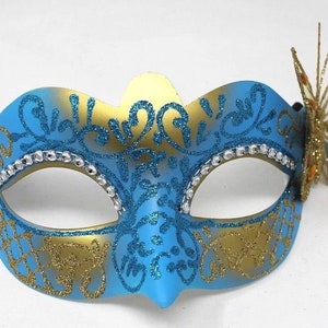 Turquoise Blue and Gold Masquerade Mask with Gold Butterfly Details
