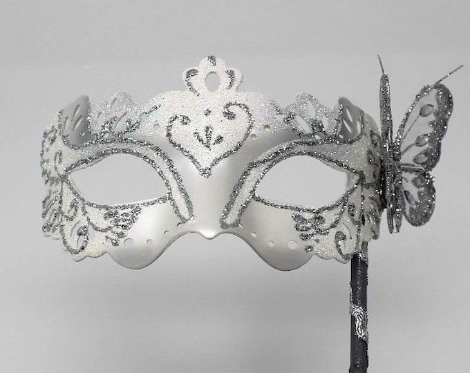 White and Silver Butterfly Mask on a Silver Stick