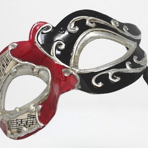 Red, Silver and Black Musical Masquerade Mask for Masked Ball on Stick with Musical Notes Script