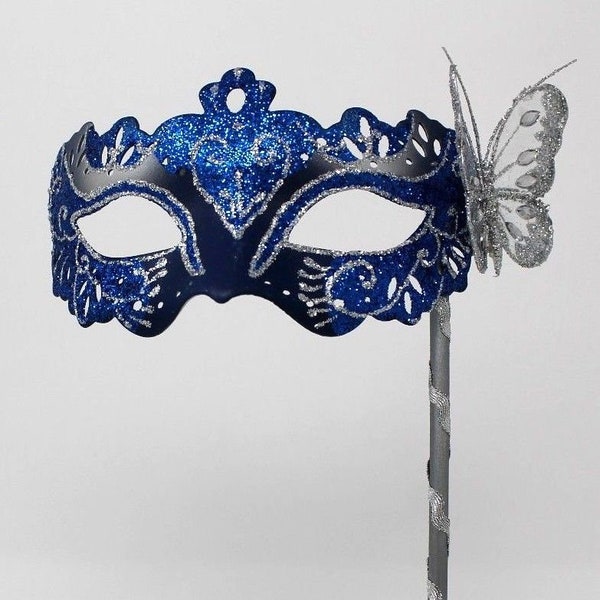 Blue and Silver Butterfly Mask on a Silver Stick