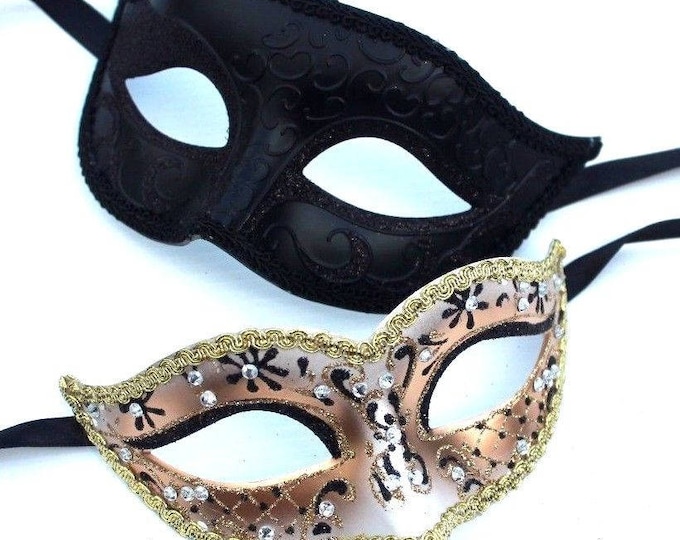 Pretty Black and Gold Pair of Couples His and Hers Masquerade Masks
