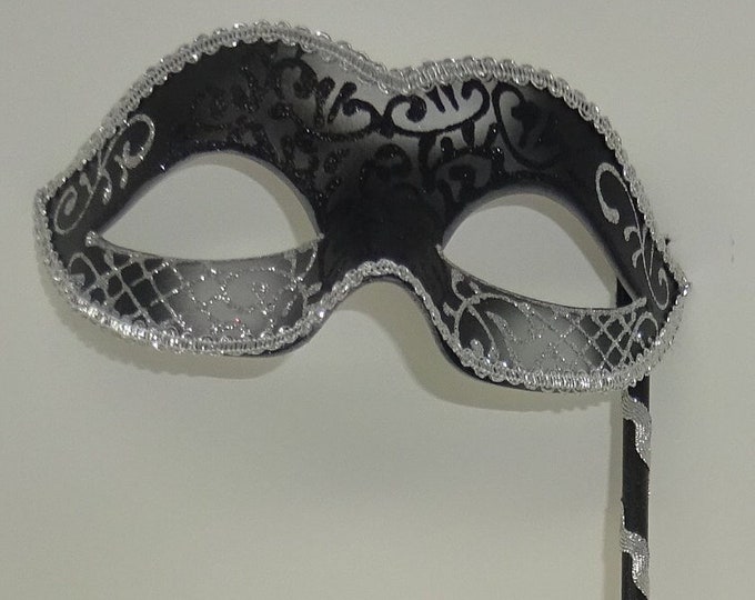 Black and Silver Masquerade Party Carnival Ball Mask on a Silver Stick