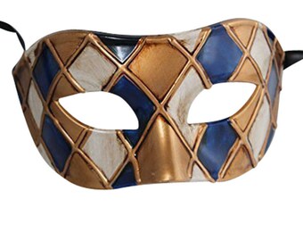 Blue and Antique Gold Harlequin Masquerade Mask for Masked Ball