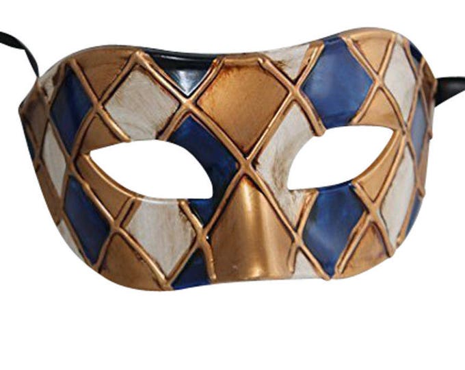 Blue and Antique Gold Harlequin Masquerade Mask for Masked Ball