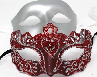 Silver & Red Pair of Male and Female Couples Masquerade Masks