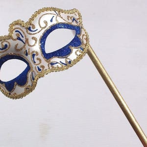 Stunning Blue and Gold Masquerade Mask on a Gold Stick