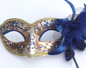 Pretty Blue and Gold Mask with Flower Detail