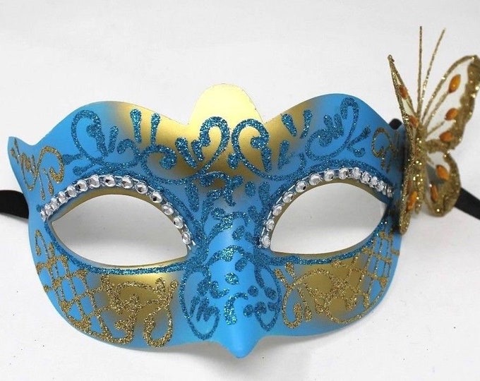 Turquoise Blue and Gold Masquerade Mask with Gold Butterfly Details