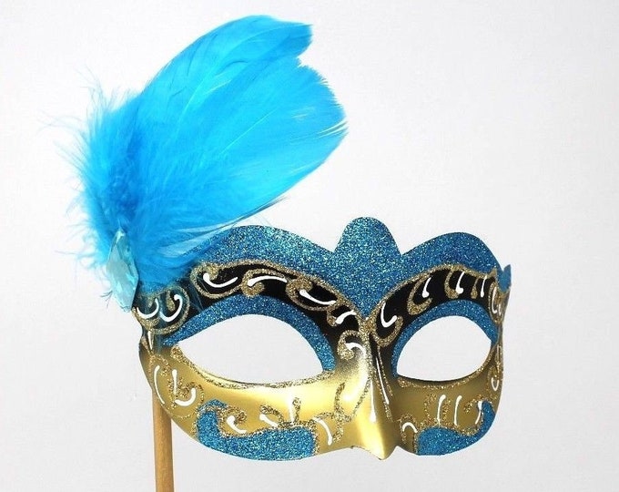 Turquoise and Gold Masquerade Mask on a Gold Stick with Side Feather