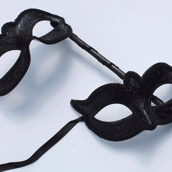 Stunning Black His and Hers Couples Masquerade Masks on a Black Stick