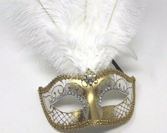 White and Gold Feather Masquerade Party Ball Carnival Mask