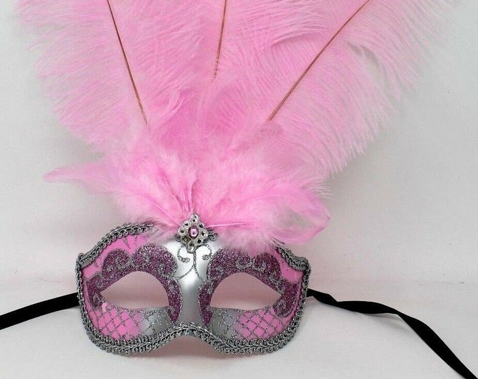 Ladies Baby Pink and Silver Feather Masquerade Carnival Party Ball Mask