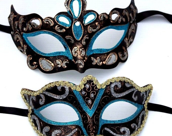 His and Hers Turquoise, Bronze, Silver and Gold Pair of Male and Female Couples Masquerade Masks