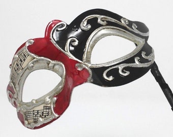 Red, Silver and Black Musical Masquerade Mask for Masked Ball on Stick with Musical Notes Script