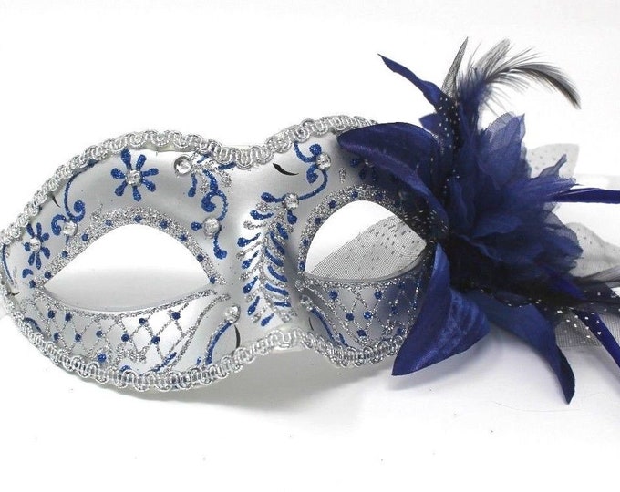 Blue and Silver Masquerade Mask with Flower
