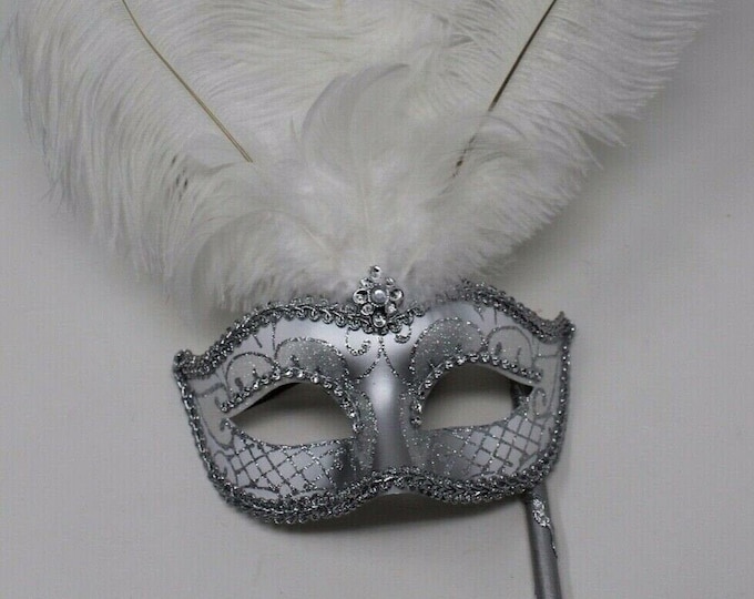 Stunning White and Silver Feather Masquerade Mask on a Silver Stick