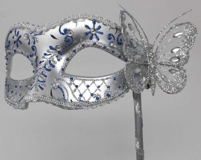 Blue and Silver Butterfly Mask on Stick