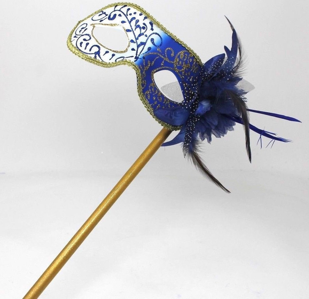 Stunning Blue and Gold With Flower Masquerade Mask on a Gold Stick - Etsy