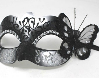 Black and Silver Diamonte Masquerade Mask with Black Butterfly Detail