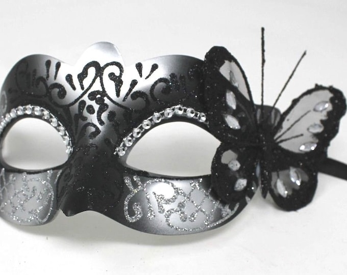 Black and Silver Diamonte Masquerade Mask with Black Butterfly Detail