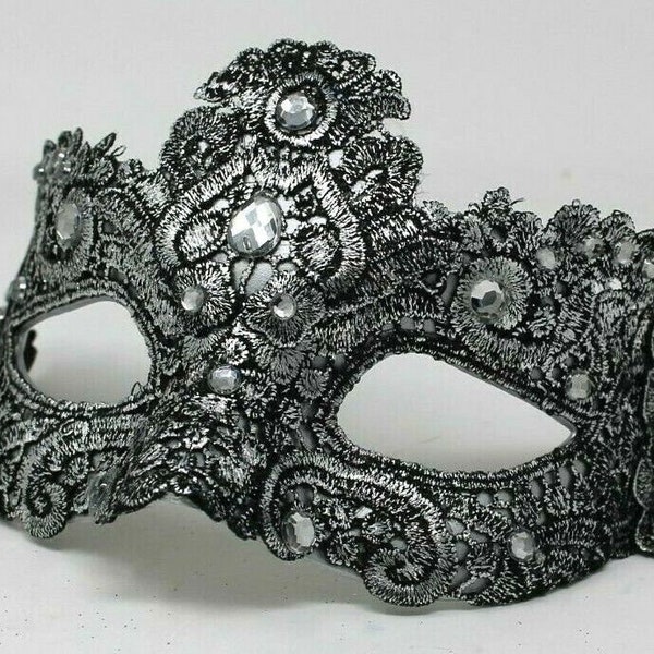 Black and Silver Brocade Lace Masquerade Mask