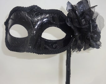 Black Masquerade Ball Carnival Party Mask on a Stick with Silver Sheen Rose Flower Detail Hand Held