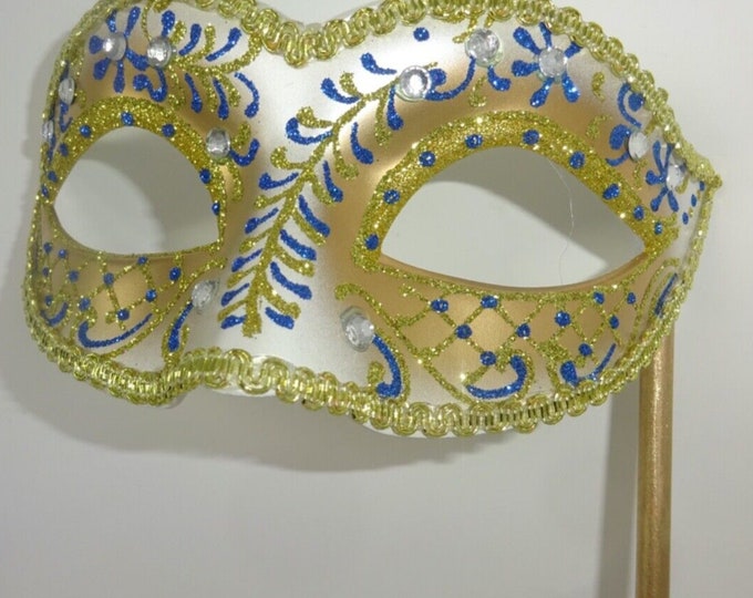 Stunning Blue Ivory and Gold Jewelled Venetian Masquerade Ball Prom Party Eye Mask Hand Held on a Gold Stick