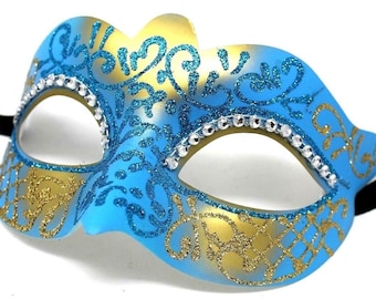 Turquoise Blue and Gold Masquerade Mask
