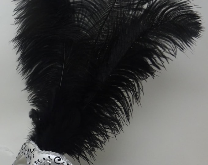 Stunning Black and Silver Long Black Feather Venetian Masquerade Prom Ball Eye Mask with Clear Diamontes