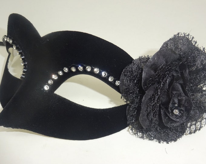 Small Ladies Delicate Velour Diamonte Black Masquerade Ball Carnival Mask with Flower & Single Diamonte