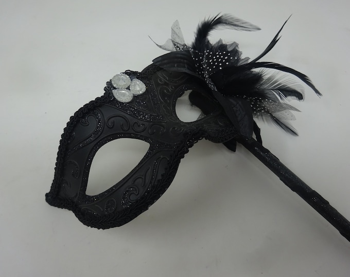 Stunning Black Jewelled Masquerade Mask on a Black Stick with a Flower and Feathers