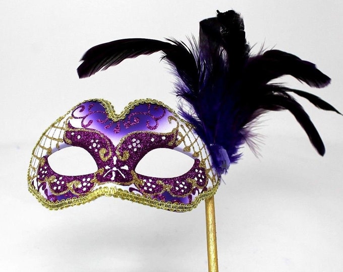 Stunning Purple and Gold Masquerade Mask on a Gold Stick with Feather Detail