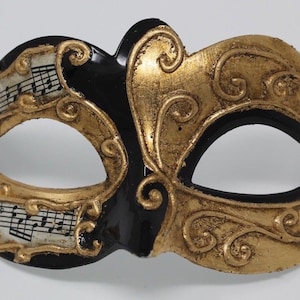 Black and Gold Musical Masquerade Mask for Masked Ball with Musical Notes Script