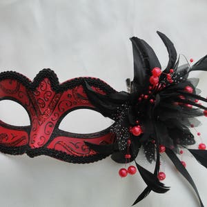 Red and Black Masquerade Mask for Masked Ball with Flower and Pearls